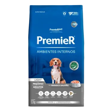 Racao Premier Ambientes Internos Light Caes Adultos Frango e Salmao 12kg frente